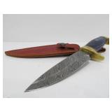 Excellent Custom Made Fixed Blade Knife w/Damascus Steel Blade & Brass & Inlaid Wood Handle