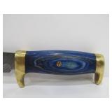 Excellent Custom Made Fixed Blade Knife w/Damascus Steel Blade & Brass & Inlaid Wood Handle