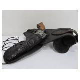 Very Nice Heavily Tooled Black Leather Western Style Gun Belt w/Replica Pistol
