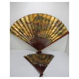 2 Large Hand Painted Oriental Bamboo Fans