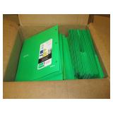 box of 3 ring binders and green fol...