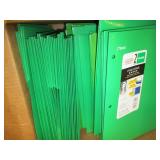 box of 3 ring binders and green fol...