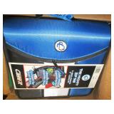 box of 3 ring binders and green fol...