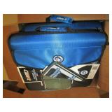 box of 3 ring binders and green fol...