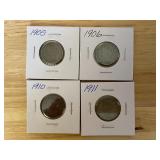 Four Liberty Head Nickels - 1905, 1906, 1910, & 1911