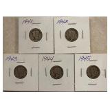 Five Different Mercury Dimes - 1941 thru 1945