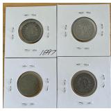 Four Different Liberty Head Nickels - 1897, 1900, 1901, & 1902