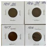 Four Different Indian Head Pennies - 1905, 1906, 1907, & 1908