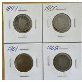 Four Different Liberty Head Nickels - 1897, 1900, 1901, & 1902