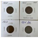 Four Indian Head Pennies - 1900, 1901, 1903, & 1904