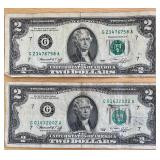 Two $2 Bills Chicago Reserve - G01632002A & G23476758A