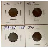 Four Indian Head Pennies - 1892, 1897, 1898, & 1899