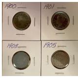 Four Different Liberty Head Nickels - 1900, 1901, 1903, & 1905