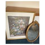 Framed Floral Artwork And Oval Mirror