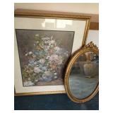 Framed Floral Artwork And Oval Mirror