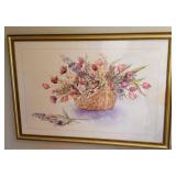 Framed print of pink tulips in a basket