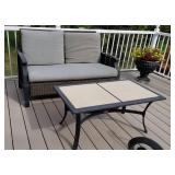 Cast Aluminum and Wicker Patio Loveseat and Cocktail Table