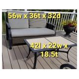 Cast Aluminum and Wicker Patio Loveseat and Cocktail Table
