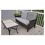 Cast Aluminum and Wicker Patio Loveseat and Cocktail Table