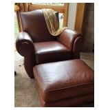 Thomasville Chocolate Brown Leather Arm Chair & Ottoman