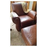 Thomasville Chocolate Brown Leather Arm Chair & Ottoman