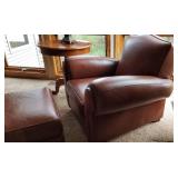 Thomasville Chocolate Brown Leather Arm Chair & Ottoman