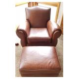 Thomasville Chocolate Brown Leather Arm Chair & Ottoman