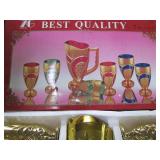 Best Quality 7PC Cup/Goblet & Pitcher Set. Solid-Color with Ornate, Gold Tone Trim & Accents