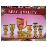 Best Quality 7PC Cup/Goblet & Pitcher Set. Solid-Color with Ornate, Gold Tone Trim & Accents