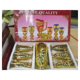 Best Quality 7PC Cup/Goblet & Pitcher Set. Solid-Color with Ornate, Gold Tone Trim & Accents