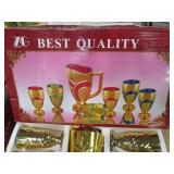 Best Quality 7PC Cup/Goblet & Pitcher Set. Solid-Color with Ornate, Gold Tone Trim & Accents