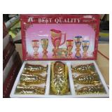 Best Quality 7PC Cup/Goblet & Pitcher Set. Solid-Color with Ornate, Gold Tone Trim & Accents