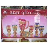 Best Quality 7PC Cup/Goblet & Pitcher Set. Solid-Color with Ornate, Gold Tone Trim & Accents