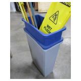 Trash Bins, Caution Sign, Brooms