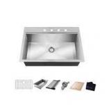 Glacier Bay All-in-One Drop-In Stainless Steel 30 in. 4-Hole Single Bowl Kitchen Workstation Sink with Accessories Kit not used see pictures