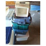 Collection of Plastic Storage Bins and mini cooler