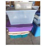 Collection of Plastic Storage Bins and mini cooler