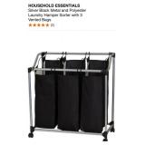 HOUSEHOLD ESSENTIALS SILVER BLACK METAL AND POLYESTER LAUNDRY HAMPER SORTER WITH 3 VENTED BAGS. SEE PICTURES!!