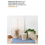 HONEY-CAN-DO NATURAL AND WHITE SEAGRASS ACCENT TALL BASKET SET WITH LIDS (SET OF 3). SEE PICTURES!!
