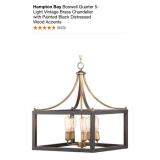 HAMPTON BAY BOSWELL QUARTER 5-LIGHT VINTAGE BRASS CHANDELIER WITH PAINTED BLACK DISTRESSED WOOD ACCENTS. SEE PICTURES!!