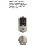 DEFIANT CASTLE SATIN NICKEL ELECTRONIC TOUCHPAD SINGLE CYLINDER DEADBOLT WITH HARTFORD PASSAGE KNOB COMBO PACK. SEE PICTURES!!