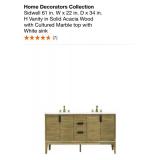 HOME DECORATORS COLLECTION SIDWELL 61 IN. W X 22 IN. D X 34 IN. H VANITY IN SOLID ACACIA WOOD WITH CULTURED MARBLE TOP WITH WHITE SINK. SEE PICTURES!!