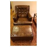 Vintage Henredon Coffee Brown Leather Arm Chair & Ottoman