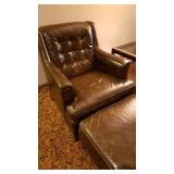 Vintage Henredon Coffee Brown Leather Arm Chair & Ottoman
