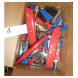 Box of misc 1/4" drive sockets, hex wrenches and box cutters