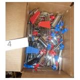 Box of misc 1/4" drive sockets, hex wrenches and box cutters