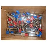 Box of misc 1/4" drive sockets, hex wrenches and box cutters