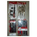 Electrical kit, precision knife set, ratcheting screwdriver and bits and 3 locking pliers
