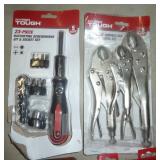 Electrical kit, precision knife set, ratcheting screwdriver and bits and 3 locking pliers