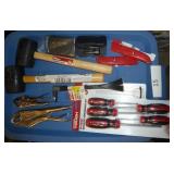 new screwdrivers, locking pliers, screw remover sets, box cutters, 2 used rubber mallets